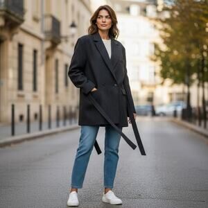 Zara NEW Belted Blazer Coat Gray Viscose Wool Blend Size L NWT